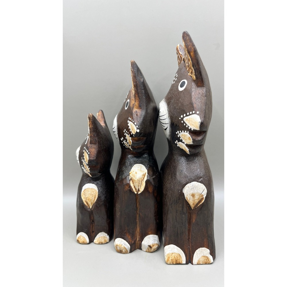 Trio of Brown Wooden Carved Standing Kitty Cat Folk Art Figurines Boho Vtg - Picture 5 of 10
